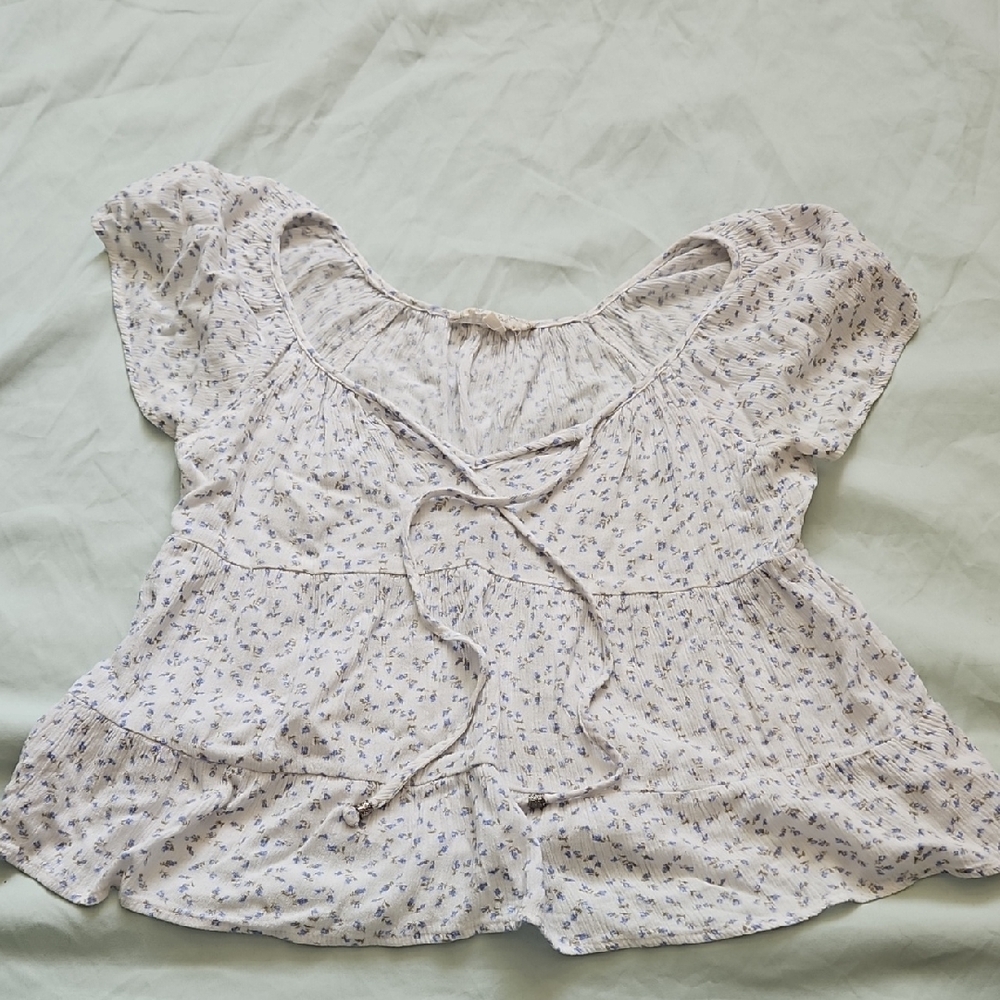 Hippie Rose White With Blue Floral Blouse, Size S